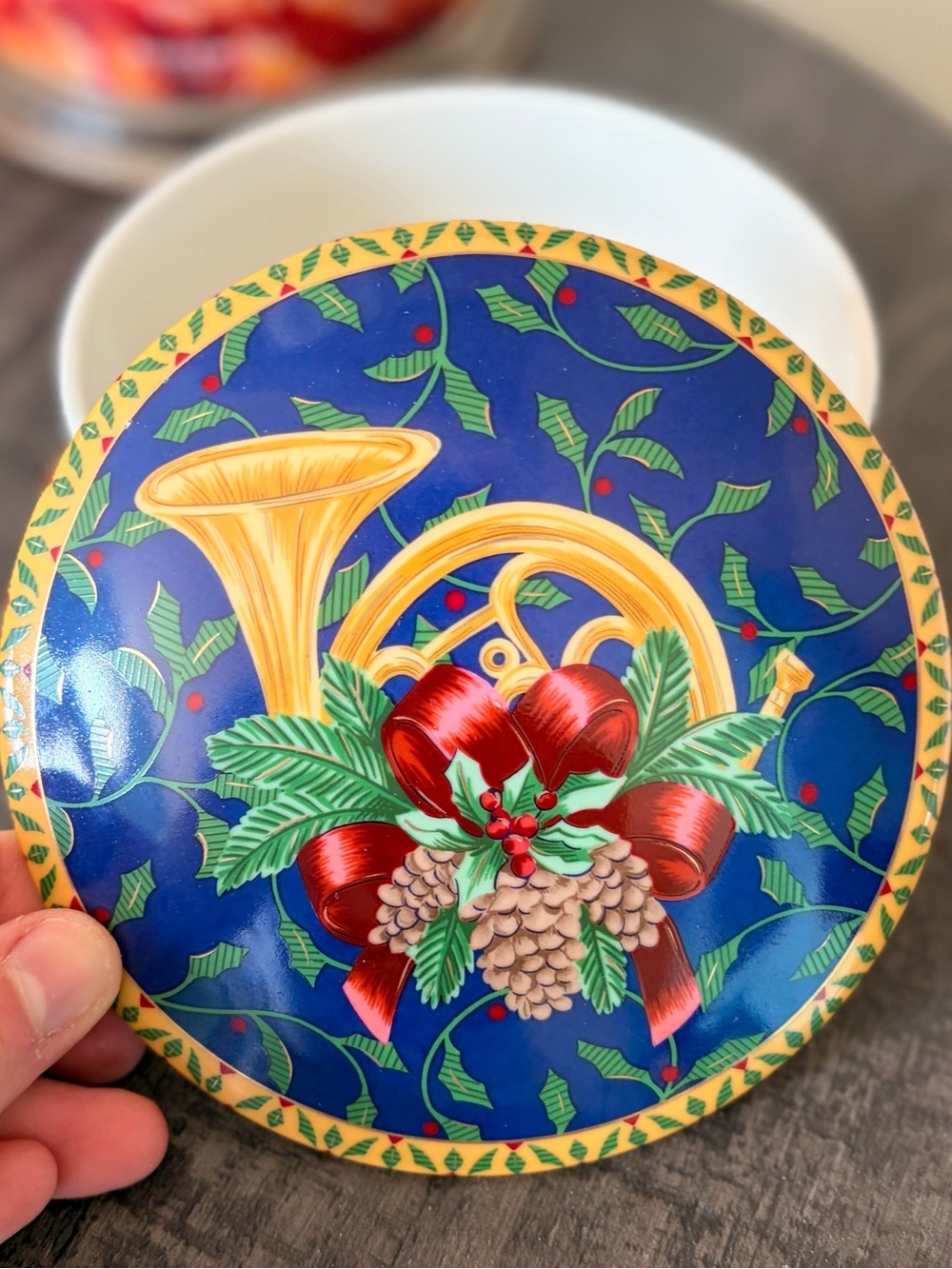 Mikasa Blue Holiday Tin Lid with Brass Horn and Red Bow Trinket Box